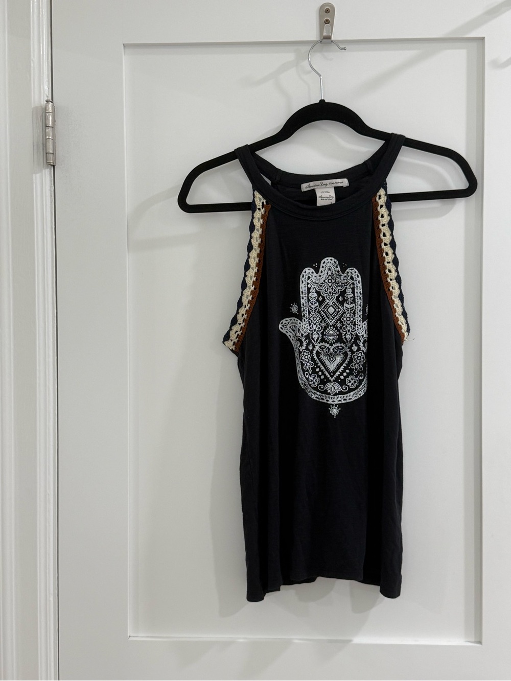 American Rag Cie Navy Blue Distressed Hamsa Graphic Halter Tank Top (read)